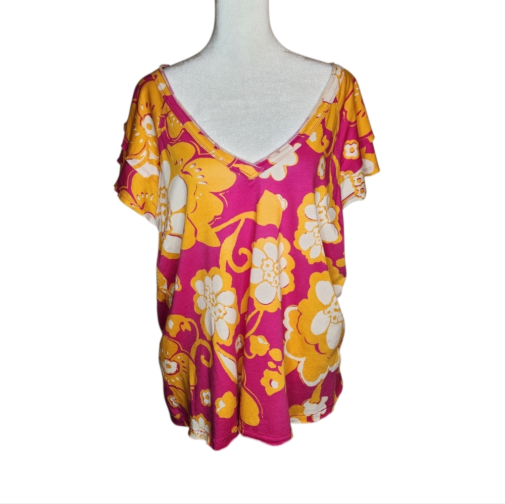 NEW Maeve By Anthropologie Floral V Neck Flutter Sleeve Top Pink Multi XL